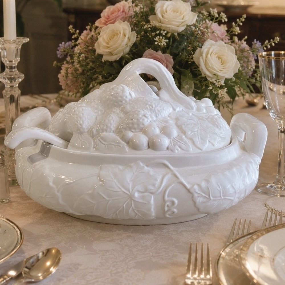 VTG Gibson Soup Tureen Lid Ladle Embossed Fruit Soup Vegetable Bowl Leaf EUC 90s